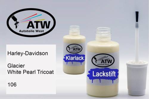 Harley-Davidson, Glacier White Pearl Tricoat, 106: 20ml Lackstift + 20ml Klarlack - Set, von ATW Autoteile West.